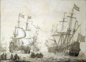 Two merchant ships of the Dutch East India Company, leaving the shore in calm winds