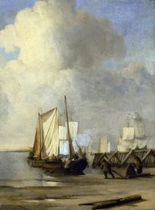 A Kaag on the shore, a Dutch boat used for navigation on inland waterways by Willem van de Velde the Younger