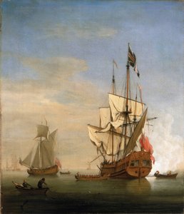 A sixth-rate, a small British warship, firing the cannon in greeting