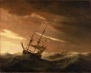 An English ship lying-to in a gale, late 17th century by Willem van de Velde the Younger