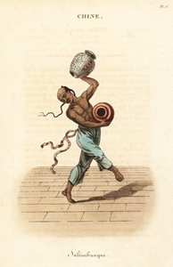 Chinese juggler dancing and juggling with two large vases