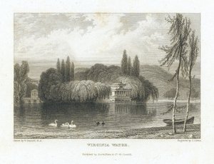 Virginia Water, Lake Surrey (England), Near Windsor, View of the Chinese Pavilion Surrounded by Trees on an Island in the Center of the Lake. Engraving by J. Lewis after William Daniell (1769-1837). by William (after) Daniell