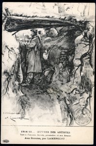 First World War - War 14-18 (1914-1918) - World War I (WWI or WW1): France, Patriotic Map Showing a Drawing of a Soldier in a Trench Watching the Front Line, Titled: 