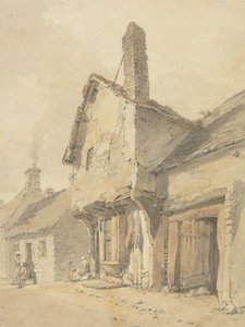 A Village Street, Figures by Old Cottages