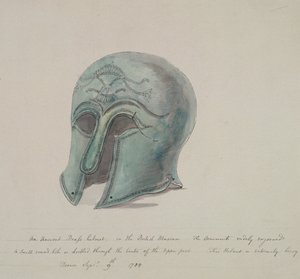 Ancient brass helmet from the British Museum, Holborn, London, 1784 by William Angus