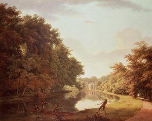 Punt on the River Clodiagh at Charleville Forest, Offaly with the Castellated Farm and Gothick Dairy beyond, c.1810