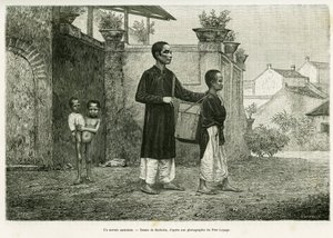 A walking wizard, a blind masseur. Engraving by Barbotin, to illustrate the story Trente mois au Tonkin, in 1884, by Doctor Paul Hocquard, in le tour du monde 1890, under the direction of Edouard Charton