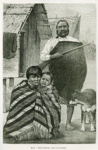 Three generations of Maori. Engraving by Barbotin, to illustrate the story Voyage a la Nouvelle Zelande, in 1889, by G.Verschuur, in le tour du monde 1890, directed by Edouard Charton (1807-1890), Hachette, Paris.
