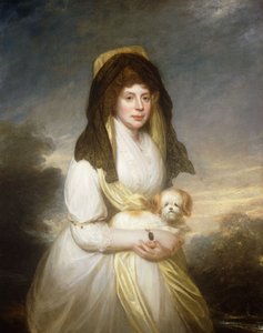 Portrait of Queen Charlotte, Three-Quarter Length, in a White Dress, a Yellow Shawl and Black Mantilla, Holding a Maltese Dog, in the Grounds of Frogmore House