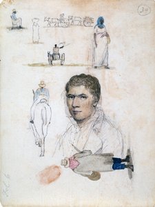 Eight small drawings, including portrait, figure studies, carts by William Berryman