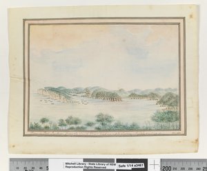View in Port Jackson from the South Head leading up to Sydney; Supply sailing in, c.1802 by William Bradley