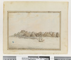 Santa Cruz on the SE side of Teneriffe; Sirius & Convoy in the Roads. June 1787. The Peak Showing in a Gap between two other Mountains by William Bradley