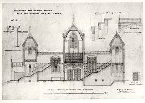 Details of Entrances, Stairs, Furnace Chamber Doorway and Handrails, (New Big School), Rugby School