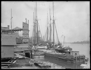 Docks and Boats on Unidentified Waterfront, possibly Harlem River, Inwood, New York, c.1910