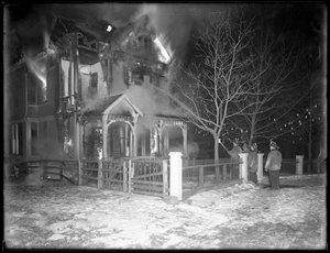 Prescott Cottage fire at night, Inwood Hill, 1914