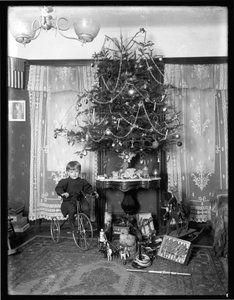 Seymour Boy Posed Seated on Tricycle Beside Christmas Tree in Parlor, Christmas 1912