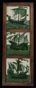 Tile panel of ships in full sail, in frame, c.1865-80 by William de Morgan