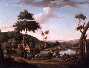 River Landscape with Figures Outside a Cottage by William Deas