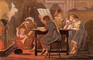 Saturday Night: a family reading and entertaining themselves in the evening