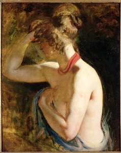 Half length nude, right arm raised to head