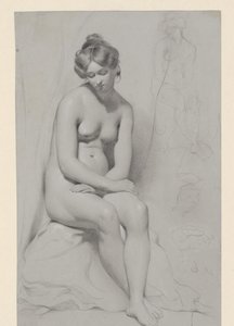 Seated Nude Female Model with High Hairstyle, Sketched Again Beside
