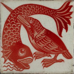 Tile with Kingfisher with Beak Through Fish, 1882-1888
