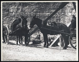Horizontal, Black and White Photograph of Two Horse-Drawn Wagons at a Quarry