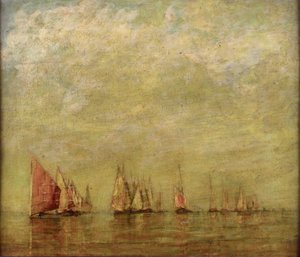 Venetian boats reflecting in the calm sea by William Gedney Bunce