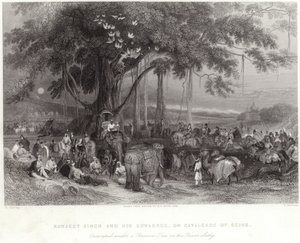 Runjeet Singh and his suwarree encamped under the banian tree on the River Sulley by William Harvey