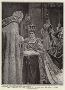 The Archbishop of York putting the Sceptre into the Queen