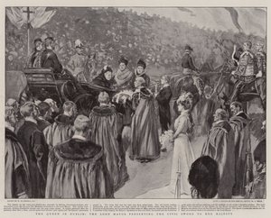 The Queen in Dublin, the Lord Mayor presenting the Civic Sword to Her Majesty