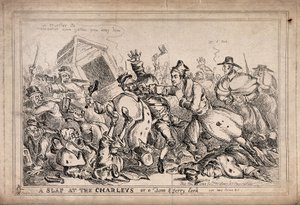 Robert Peel as a Pugilist Attacking Night Watchmen with the Intention of Replacing Them by the Police Force. Etching by Paul Pry (W. Heath). by William Heath