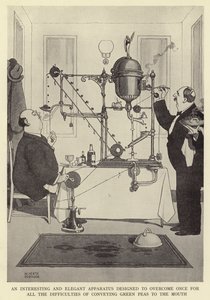 An interesting and elegant apparatus designed to overcome once for all the difficulties of conveying green peas to the mouth by William Heath Robinson