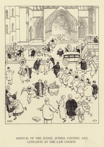 Arrival of the judge, juries, counsel and litigants at the law courts by William Heath Robinson