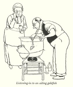 Listening-in to an ailing goldfish by William Heath Robinson