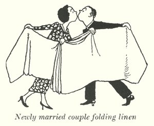 Newly married couple folding linen by William Heath Robinson