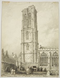 Exterior of Temple Church, showing an internment, c.1825 by William Henry Bartlett