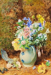 Pale Blue China Jug with Heaths and Small Flowers