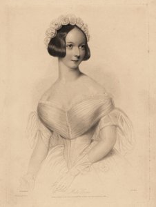 Miss Gore. In off-the-shoulder dress with tight waist, hair decorated with a garland of roses. Steel stipple engraving by William Henry Mote after an illustration by William Drummond from Charles Heath’s English Pearls, or Portraits for the Boudoir