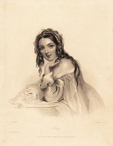 Portrait of Amy. Beauty wearing a veil over long hair, ermine-trim off-the-shoulder dress, holding a pearl necklace. Steel stipple engraving by William Henry Mote after an illustration by John Hayter from Charles Heath’s English Pearls, or Portraits for th by William Henry Mote