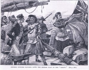 Chinese officers hauling down the British flag on the 