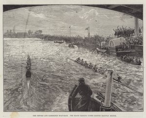 The Oxford and Cambridge Boat-Race, the Boats passing under Barnes Railway Bridge