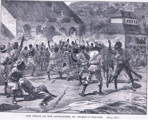 The Attack on the Court House, St Thomas in the East, Jamaica by William Heysham Overend
