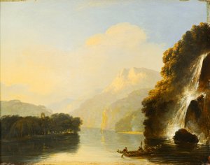 Waterfall in Dusky Bay with a Maori canoe