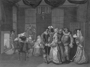 Interior view of Somerset House showing figures dressed for a masquerade by William Hogarth