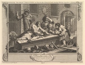 The Idle Prentice at Play in the Churchyard, Industry and Idleness, plate 3, September 30, 1747 by William Hogarth
