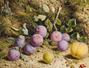 Still Life with Plums, a Peach and Rosehips