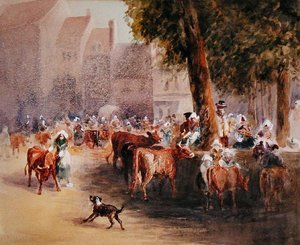 Early Morning in the Village Cattle Market by William Hunt