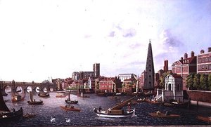 View of the River Thames at York Steps looking towards Westminster Abbey by William James