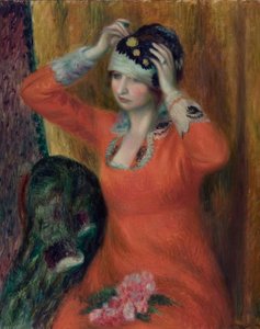 Girl in Red Dress Pinning on Hat